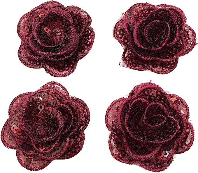 5 PC Rose Flower Sequins Lace Embroidery Patch Applique Trim Wedding Dress DIY Sewing Craft Clothes Applique, 1.6 Inch, Burgundy