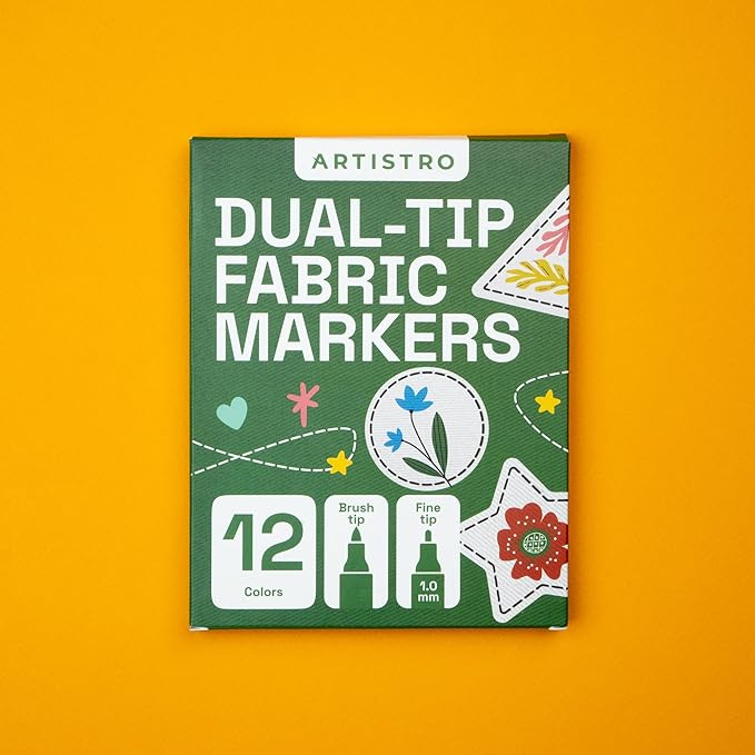ARTISTRO 12 Dual-Tip Fabric Markers - Fabric Decorating Kit - Permanent for Clothes - No Bleed Pens for T-Shirts, Bags, Textile, Canvas, and More (Brush Tip and Fine Tip)