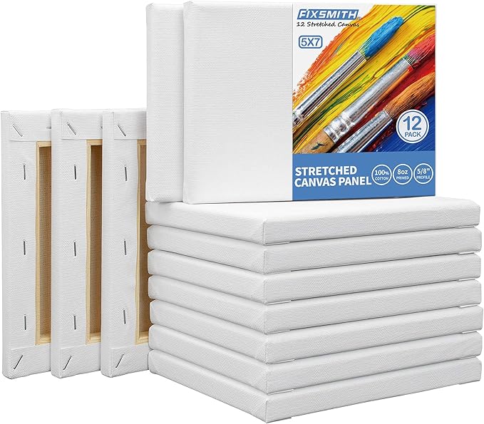 FIXSMITH Stretched White Blank Canvas- 5x7 Inch,Bulk Pack of 12,Primed,100% Cotton,5/8 Inch Profile of Super Value Pack for Acrylics,Oils & Other Painting Media.