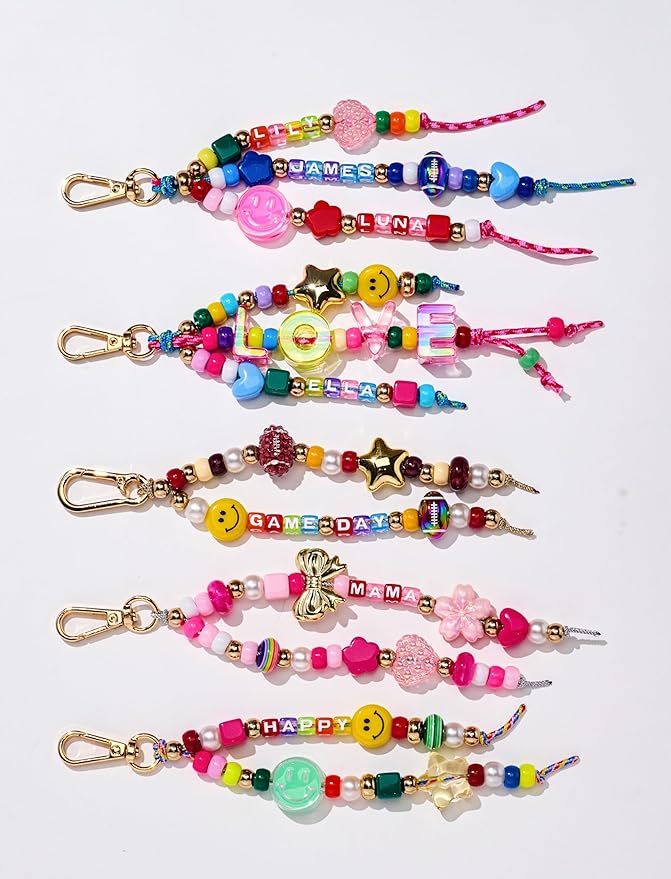 304PCS Beads Keychain Making Kit , Acrylic Colorful Letter Star Smile Bow Football Baseball DIY Supplies Crafts Key Chain Bag Charm Accessoriess Jewerly Making Kit for Girls Boys Kids Women