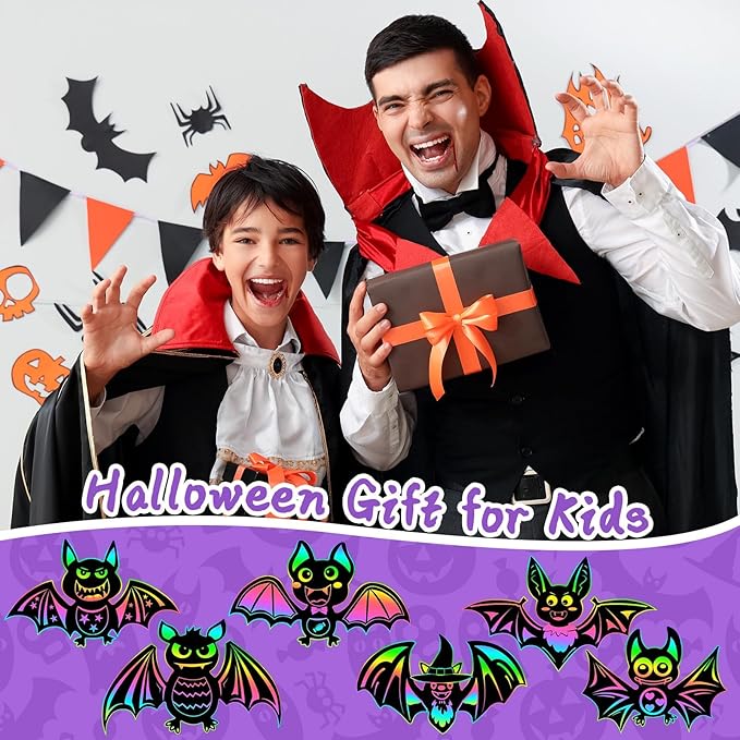 JULMELON 36Pcs Halloween Crafts, Rainbow Magic Halloween Scratch Art Paper Cute Bat Crafts School Classroom Activities Party Favors DIY Gifts