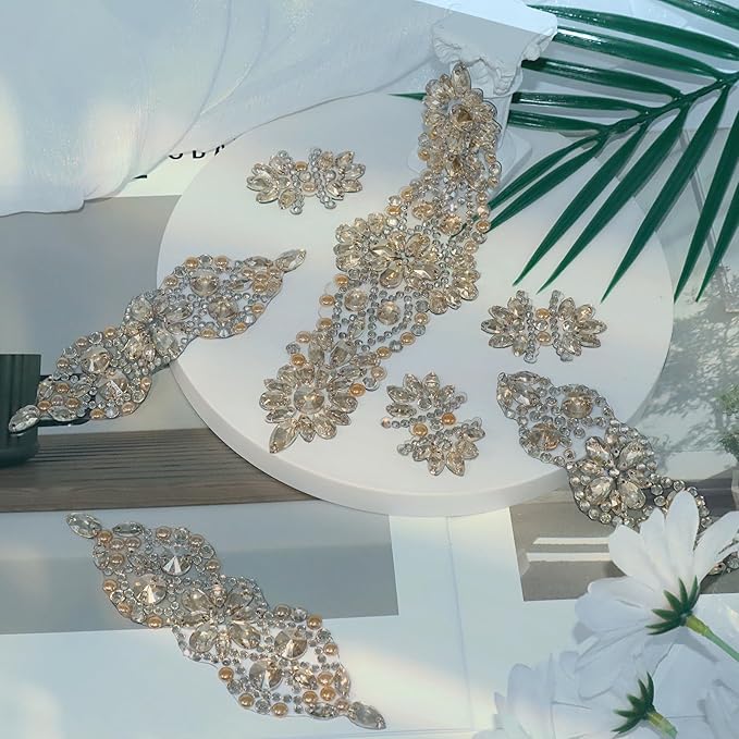 PEARLY JUN 11 Pcs Gold Rhinestone Applique Patches Pearl Rhinestone Patches Iron on Appliques for Dresses Hand Sewing Craft Projects DIY Wedding Clothes Shoes Hats Bags Embellishments