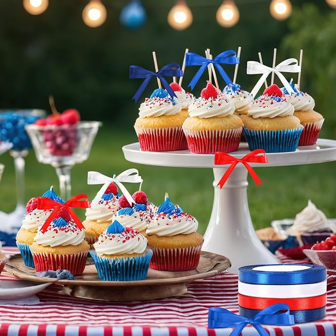 DECYOOL Patriotic Ribbons, 4 Rolls 100 Yards 4th of July Satin Ribbons 10mm Wide Red White Blue Independence Day Craft Ribbon for Gift Wrapping Patriotic Party Decorations