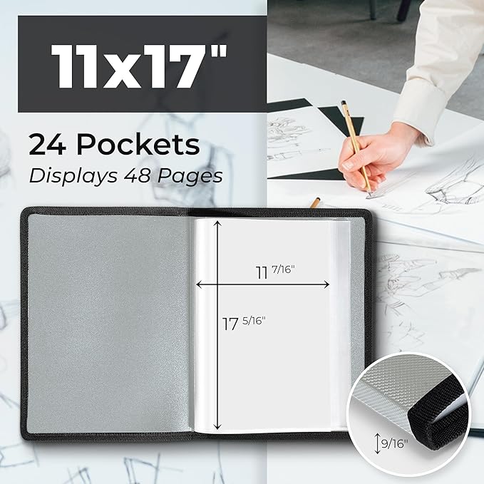 Dunwell 11x17 Art Portfolio Binder with Black Mounting Paper (Silver), Large Portfolio Folder for Artwork Storage, 24 Clear Plastic Sleeves, Displays 48 Pages, Acid-Free Poly 11 x 17 Presentation Book