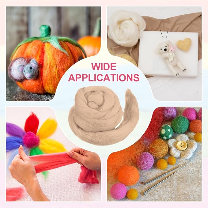 MECCANIXITY Wool Roving Yarn Soft Felting Wool 50g/1.76oz Pure Chunky Roving Yarn for Needle Felting Knitting Blanket Spinning Weaving Art DIY Craft Light Brown