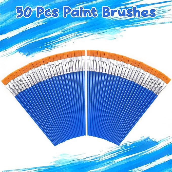 Nylon Hair Paint Brushes Set - 50 Pcs for Acrylic, Watercolor & Craft Painting (Flat)