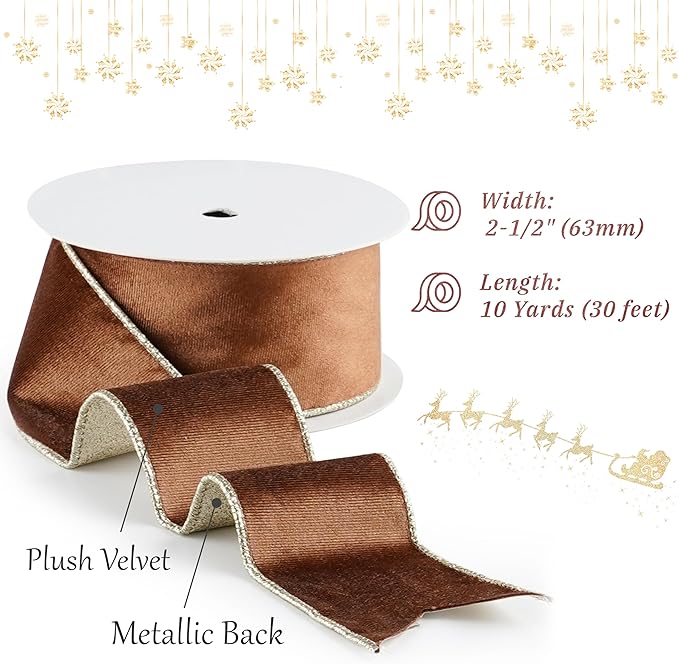 Brown Velvet Wired Ribbon with Glitter Back 2.5 Inch Camel Christmas Ribbon Wired Reversible Ribbon for Christmas Tree, Gift Wrapping, Crafts, Wreaths Supplies, Topper Bows (10 Yards)