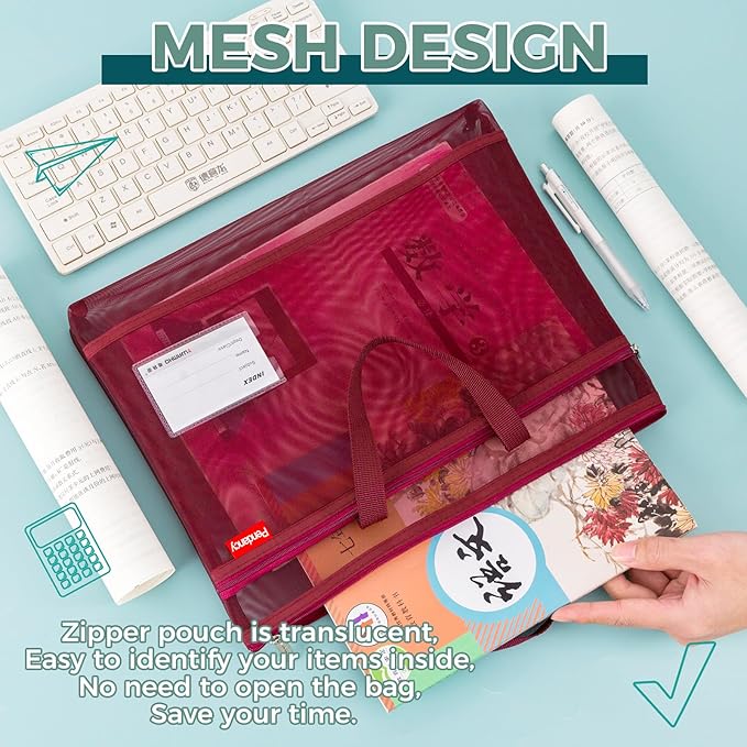 Pendancy Mesh Zipper Pouch A3 Size, Large Double Pocket Lightweight Nylon Transparent File Bag with Handle, 13x17 in Foldable Document Storage for Puzzle Project/Cross Stitch/Travel/Office (Red)