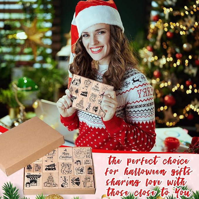 17 Pcs Christmas Wooden Rubber Stamps with Craft Ink Pads Mixed Santa Claus Christmas Tree Snowman Gingerbread Man Rubber Stamps for Card Making Decoration Party Gift Scrap Booking Supplies