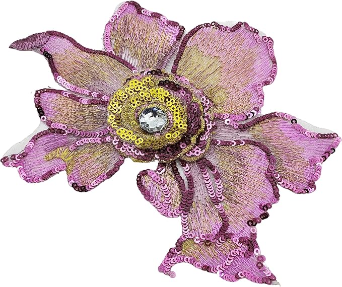 2 PC 3D Pink Sequin Lace Trim Rhinestones Applique Patches for Wedding Bridal Dress Decoration DIY Sewing Clothing Decoration, 7 x 5.9 Inch