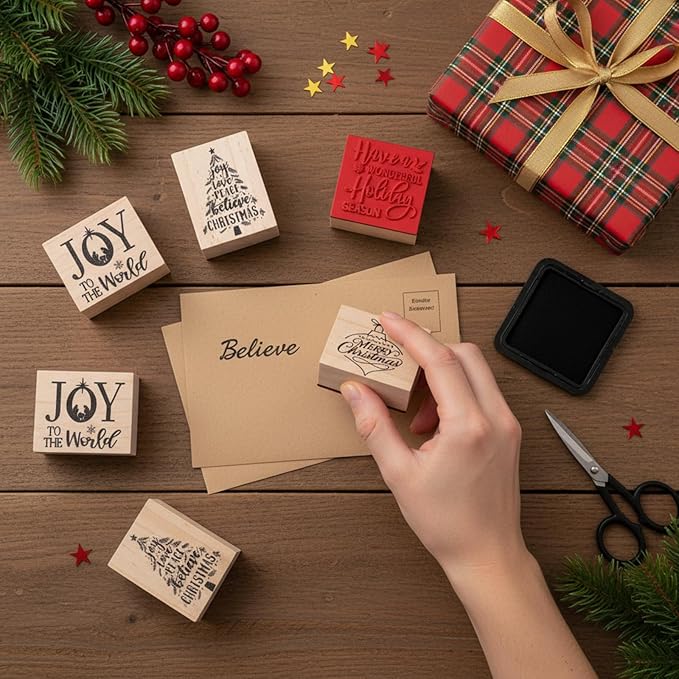 6 Pcs Christmas Rubber Stamp Set Merry Christmas Wooden Rubber Stamp Snow Tree Stamps Vintage Wooden Art Stamps for Crafting and DIY Scrapbooking Card Making Hand Book (Retro)