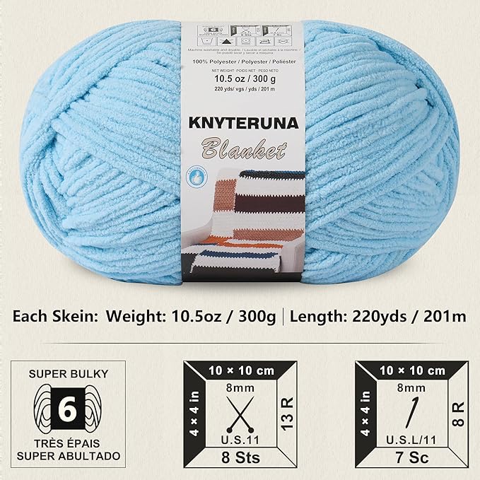 #6 Super Bulky Blanket Yarn for Crocheting - 4 Skeins(Each 10.5oz/300g, 220yds/201m), Chunky Chenille Thick Plush Big Soft Yarn for Crocheting Knitting Blankets, Sky Blue