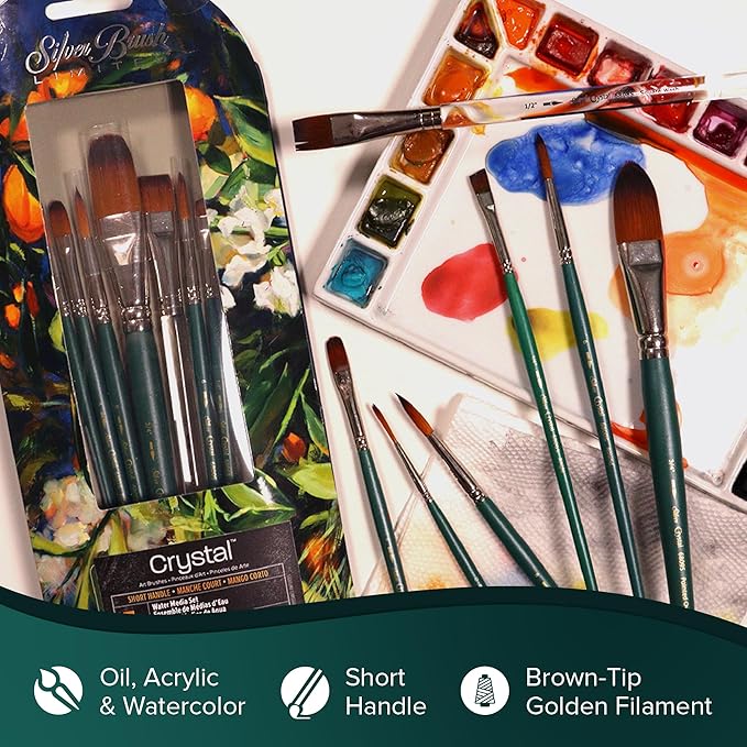 Silver Brush Limited 6808S1/2 Crystal Squash Wash Brush for Watercolor and Oil, Short Handle, Size 1/2, Square Wash