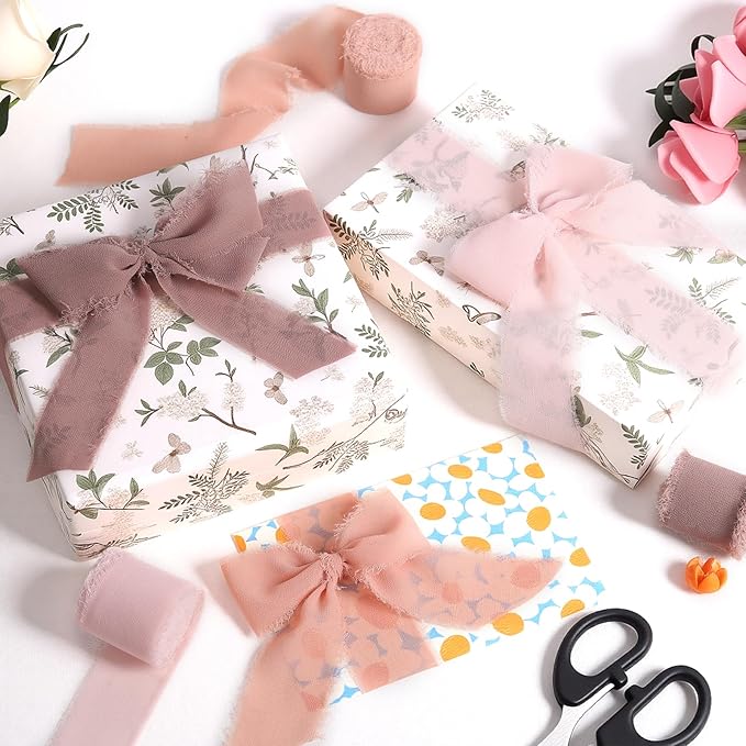 3 Rolls Earth Tone Handmade Fringe Chiffon Ribbon 1.5 Inch x 7 Yard Silk-Like Colorful Rustic Ribbon for Bouquets Wrapping Decor Wedding Invitation Accessories