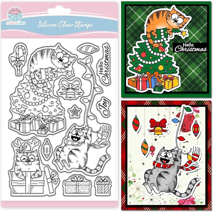 GLOBLELAND Christmas Comic Cat Clear Stamp for Card Making Cartoon Cats Silicone Stamps Christmas Tree Transparent Stamp for DIY Scrapbooking Embossing Journaling