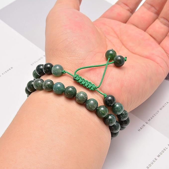 NCB 200PCS 8mm Natural Green Moss Agate Gemstone Round Spacer Loose Beads for Jewelry Making with Crystal Stretch Cord (Green Moss Agate, 8mm 200Beads)