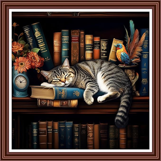 Dimensean Counted Cross Stitch Kit for Beginners, 11CT Unprinted Cross-Stitch Kit Easy Patterns Needlepoint Kit Cross Stitching Embroidery Kit Supplies-Bookshelf Cat 18x18 inch