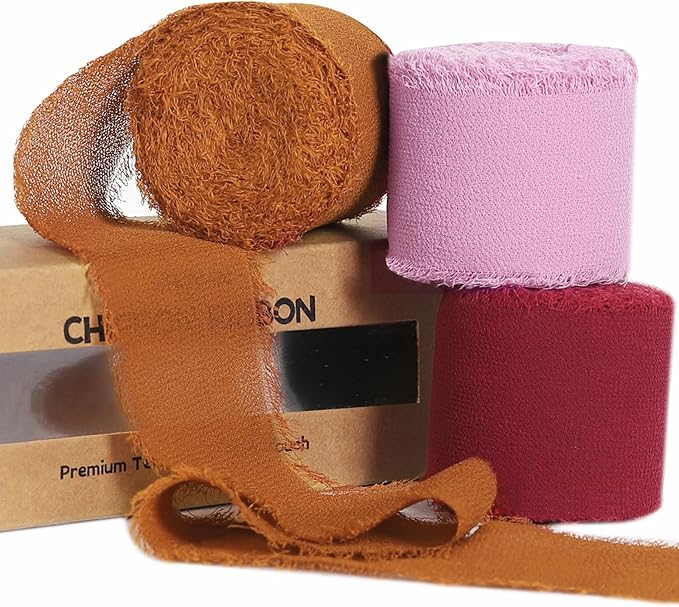 3 Rolls Dark Red Handmade Fringe Chiffon Ribbon 1.5 Inch x 7 Yard Silk-Like Colorful Rustic Ribbon for Bouquets Wrapping Decor Wedding Tie Invitations Crafts