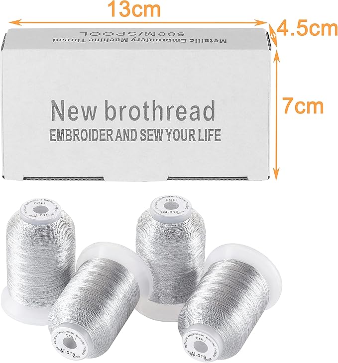 New brothread 4 Silver Metallic Embroidery Machine Thread Kit 500M (550Y) Each Spool for Computerized Embroidery and Decorative Sewing