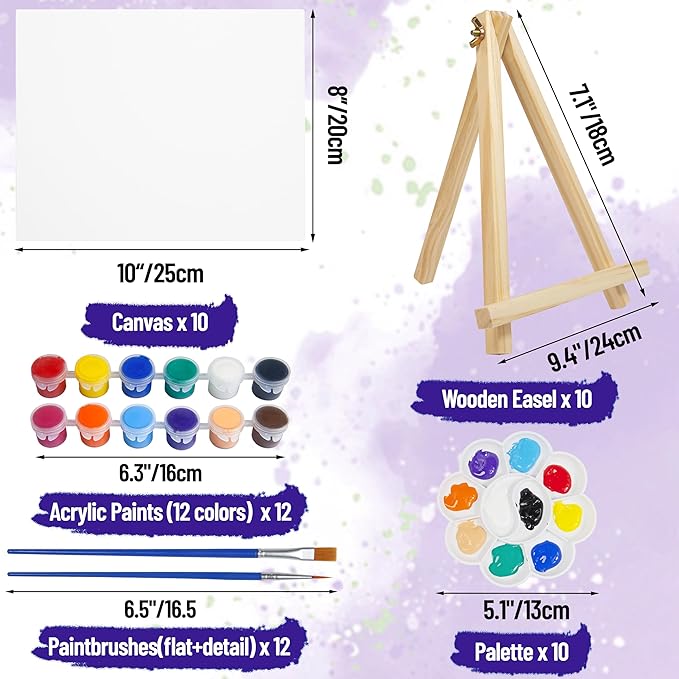 10Pack Canvas Boards and Easel Set for Painting,8x10 Inch Art Canvas with 10 Wooden Easels, 24 Brushes, 24 Acrylic Paints,10 Paint Trays,Painting Canvas for Acrylic Oil, Art Crafts,Party Painting Kits