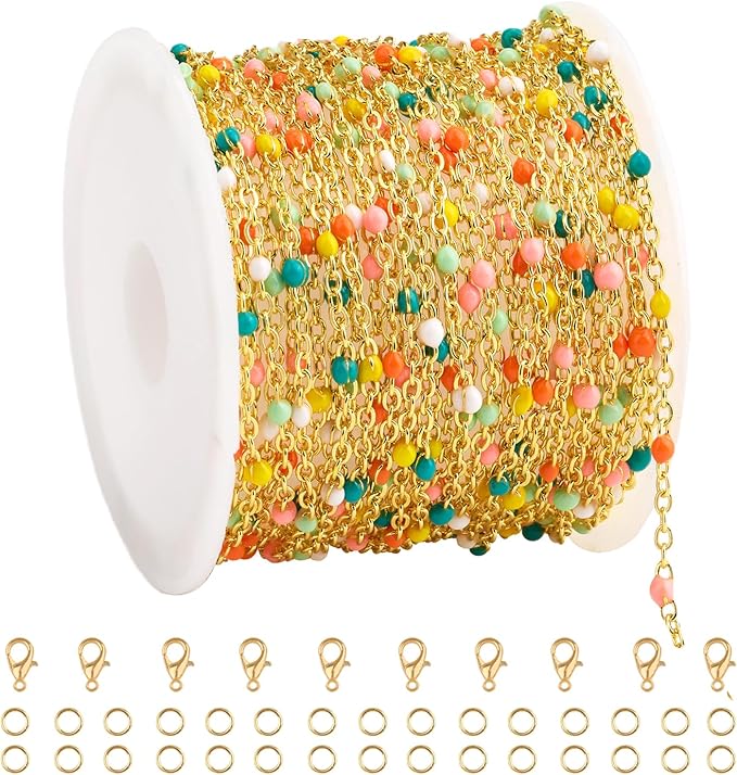 16.4 Feet Gold Plated Stainless Steel Chains Bulk Colorful Enamel Bead Chain Roll for Jewelry Making Thin Cable Link with Findings for DIY Craft