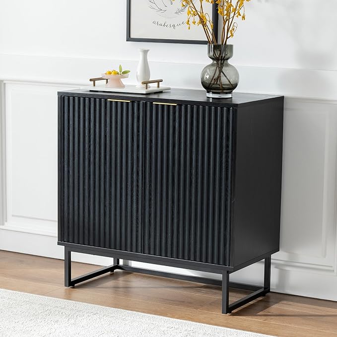 Fluted Storage Cabinet Set of 2, Sideboard Buffet Cabinet with Adjustable Shelves, Multifunctional Console Table with Storage Credenza for Living Room, Dining Room, Black