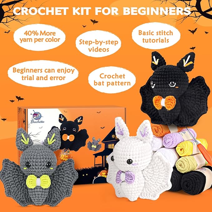 Crochet Kit for Beginners, Beginner Crochet Kit for Adults with Step-by-Step Video Tutorials, Halloween Gifts DIY Crochet Animal Kits Knitting Supplies, 3 Pack Bat Family (40%+ Yarn)