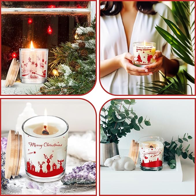 Ziliny 10 Pcs Christmas Glass Candle Jars Empty Containers Bulk 7 oz Glass Jars with Cork Lids Tins for Candle Making Storing Biscuits Tea Party Favors(Christmas)