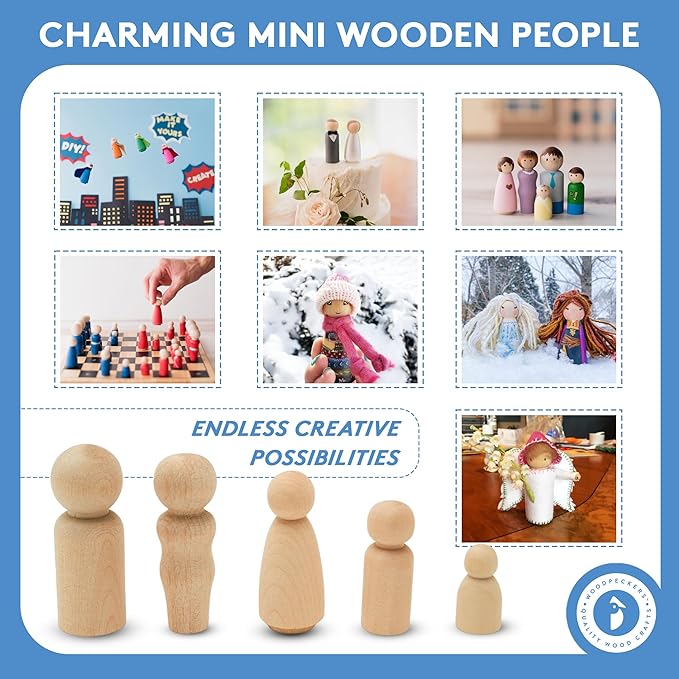 Wooden Peg Dolls 3-½", 5 Mom & 5 Dad Set, Unfinished Birch Wooden Figures for People Crafts & Wedding Cake Toppers, by Woodpeckers