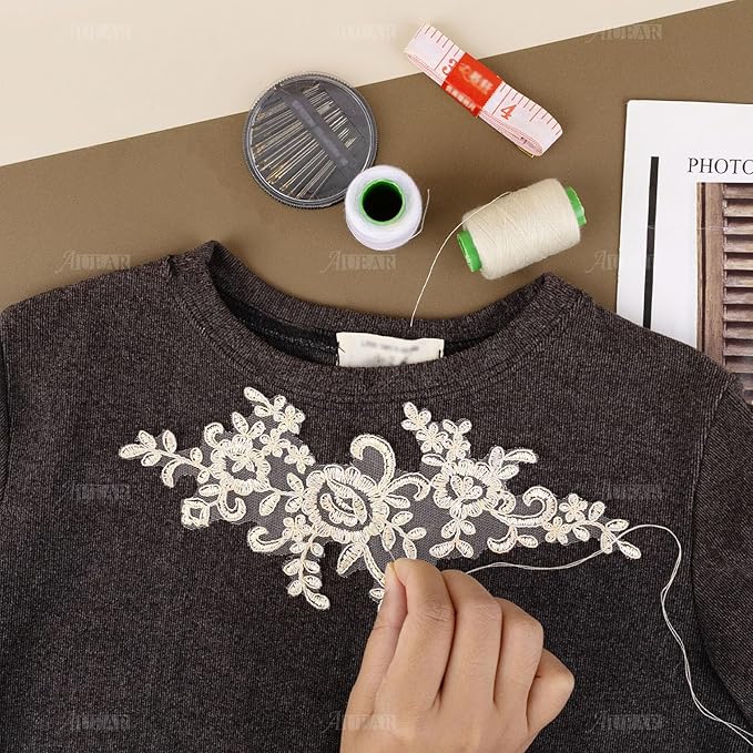 AUEAR, 2 Pack Flower Lace Applique Patches for Wedding Dress DIY Clothing Collar Material (Ivory Color)