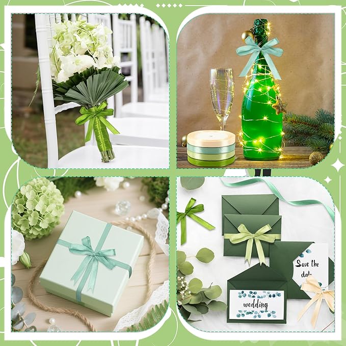 DECYOOL 4 Rolls 100 Yards Green Ribbons, 10mm Wide Satin Craft Ribbons for Gift Wrapping, Assorted Shades of Green Thin Ribbon for DIY Crafts, Wedding Decor, Baby Shower