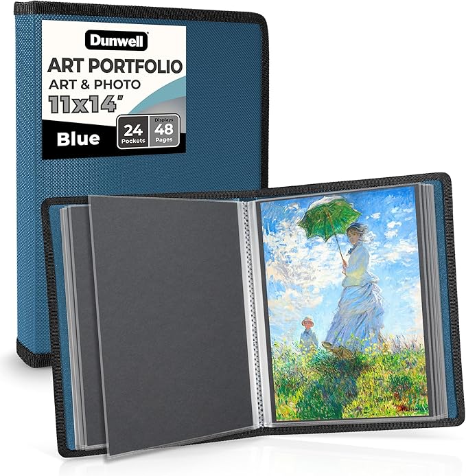 Dunwell 11x14 Art Portfolio Binder with Mounting Paper (Blue), Large Portfolio Folder for Artwork Storage, 24 Sleeves Displays 48 Pages, Acid-Free Poly 11 x 14 Presentation Book