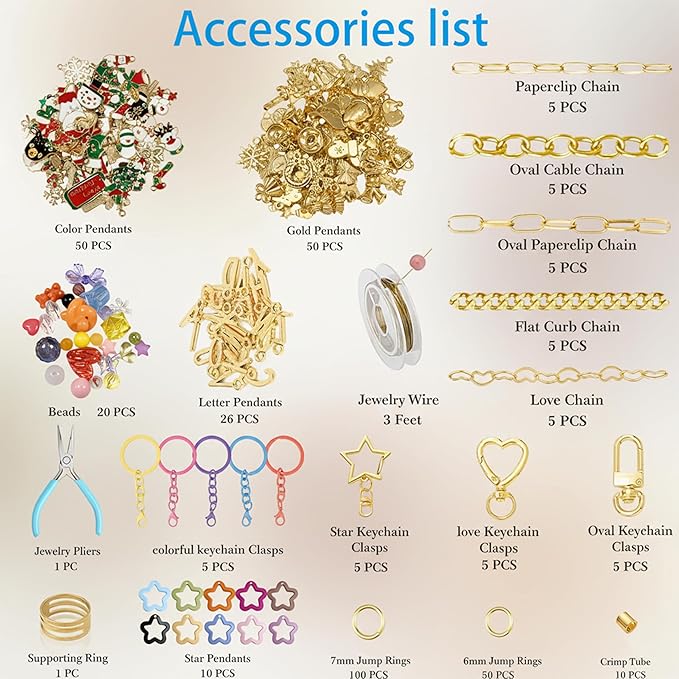 Christmas DIYJewelry Making Set 364 Pieces – Includes 156 Charms, 150 Jump Rings, 25 Extender Chains, 20 Keychains, 10 Crimp Tubes, 3-Inch Beading Wire, Support Ring & Jewelry Pliers(for parents)
