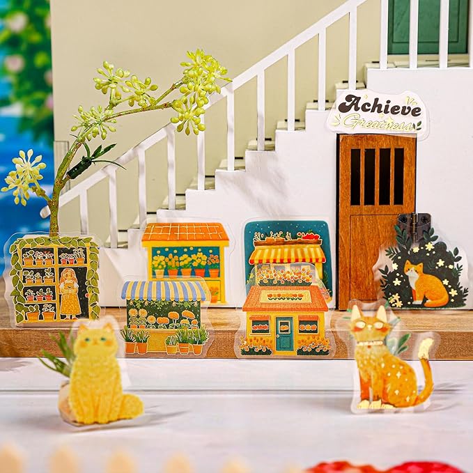 TIAMECH Holiday Facts PET Stickers - 180 Pcs Flower Shop Swimming Pool Girl Cat Design, Waterproof Sticker for Journaling & Scrapbooking, Junk Journal Supplies, Ephemera & DIY Crafts