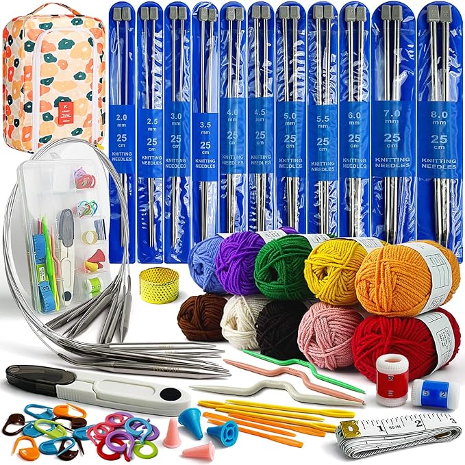 UCDRAMA 90PC Knitting Needles Set Beginners Knitting Kit with Yarn, Metal Single-pointed + Circular Knitting Needle Set US0-15 (2-10mm) with Knitting Accessories, Knitting Set for Beginner Adults/Kids