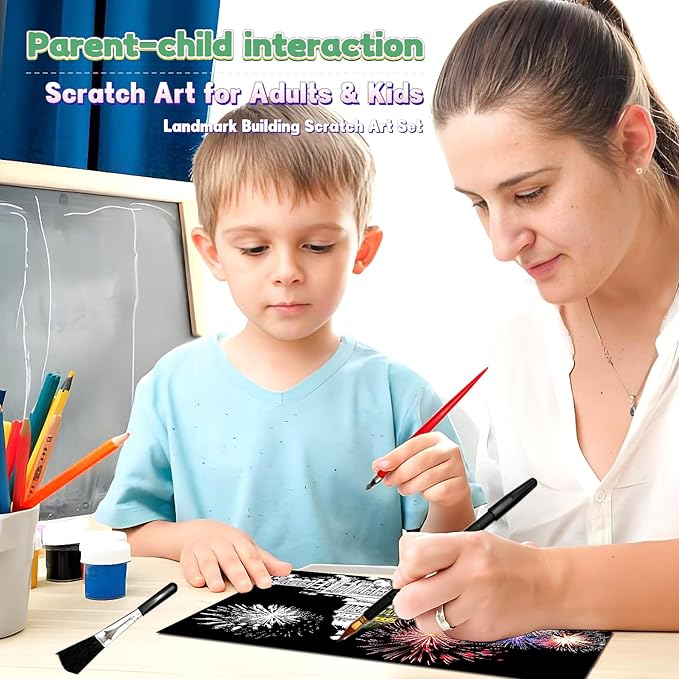 Scratch Art Painting Kit for Adults-8 Sheets A4 Rainbow Scratch Painting Paper Craft Set with City Landmarks|Stress Relief Gift for Travel&Craft Lovers|Scratch Art Home Decor(American Series)