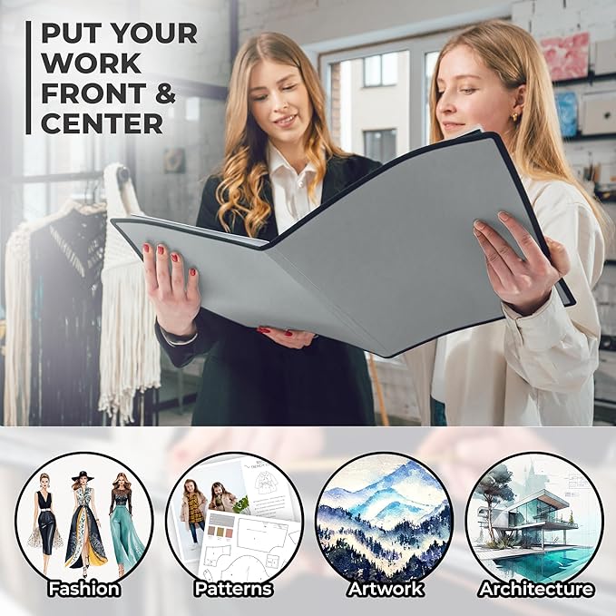 Dunwell 11x14 Art Portfolio Binder with Mounting Paper (Silver), Large Portfolio Folder for Artwork Storage, 24 Clear Sleeves Displays 48 Pages, Acid-Free Poly 11 x 14 Presentation Book