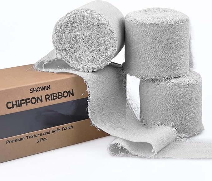 3 Rolls Light Gray Handmade Fringe Chiffon Ribbon 1.5" x 7Yd Silk-Like Colorful Rustic Ribbon for Bouquets Wrapping Decor Wedding Tie Invitations Crafts