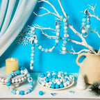 Huwena 200 Pcs Winter Wooden Snowflake Craft Beads Blue White Snowman Round Loose Spacer Beads with Holes for Christmas Winter Necklace Earring Jewelry Making Crafts DIY
