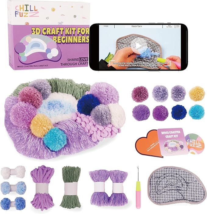 ChillFuzz Latch Hook Kits for Adults - Kids Crochet Kit for Beginners Arts and Craft Kit Moss Rug Coaster Purple Aurora