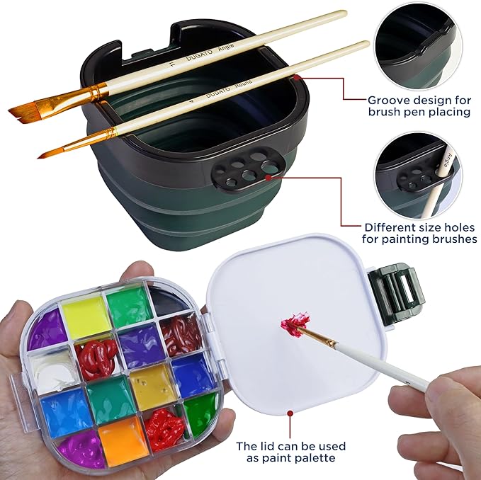 5.3 x 4.4 inches Airtight Paint Palette Box, Valuable Container Combines Cleaning Brush Basin and Brush Holder, Using for Beginners Learning Art Project Workshops Outdoor Painting (Green)