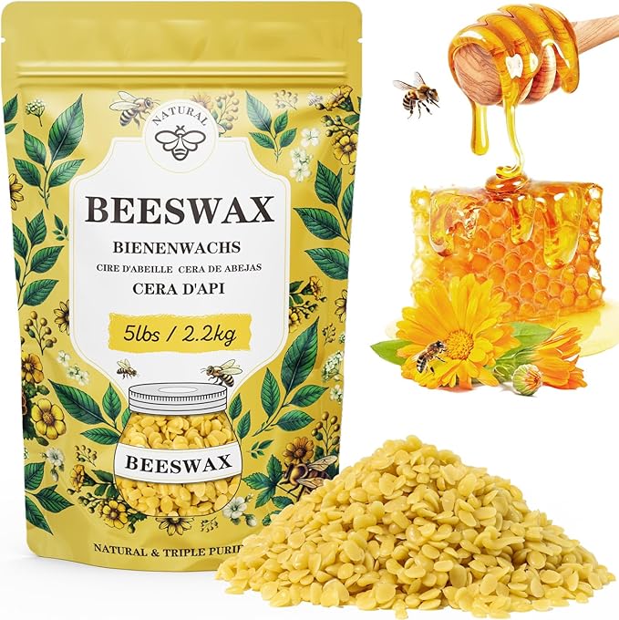 Beeswax pellets 5LB, VEGISHINE Pure and Natural Yellow Beeswax for DIY Skin Care, Lip Balm, Polishing, Lotion, Soap, Candle Making Supplies