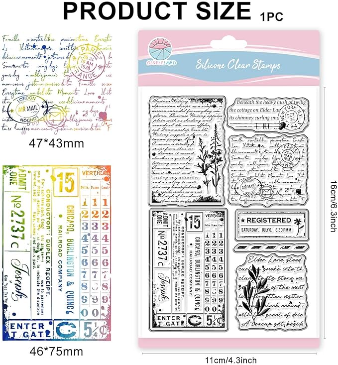 GLOBLELAND Vintage Background Clear Stamp for Scrapbooking Text Texture Silicone Stamps Retro Plants Transparent Stamp for Card Making DIY Embossing Journaling