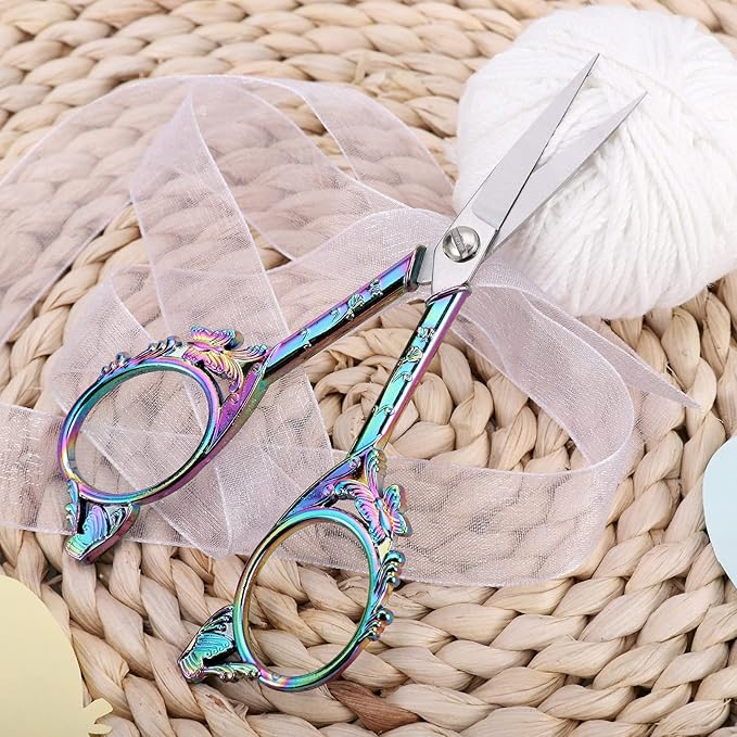Sewing Embroidery Scissors – Small Vintage Sharp Detail Shears for Craft, Artwork, Needlework Yarn, Handicraft DIY Tool, Thread Snips, 4.7in Rainbow Butterfly Style