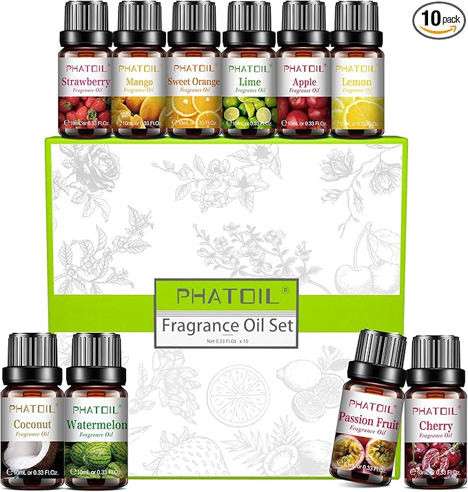 PHATOIL 10Pcs Fruity Fragrance Oil Set, Coconut, Cherry, Apple, Strawberry, Mango Candle Scents for Candle Making, Freshie Scents for DIY Soap Making, Diffuser Oil Scents Set