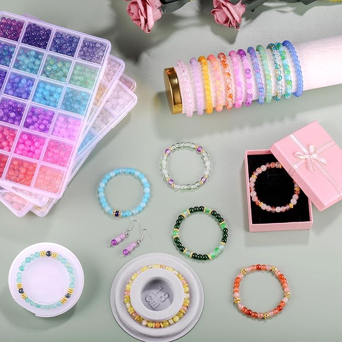 Funtopia 3524pcs Glass Beads Bracelet Making Kit, 4 Types 96 Colors 6mm Glass Beads for Bracelets, Round Crystal Beads for Jewelry Making Necklace Earrings DIY Crafts