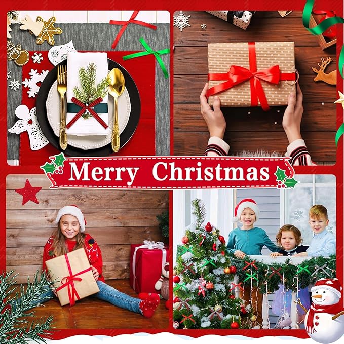 DECYOOL 4 Rolls 100 Yards Christmas Satin Ribbons 10mm Wide Holiday Craft Ribbons for Gift Wrapping and Xmas Decoration, Red & Green & Red Black Plaid & Black White Plaid