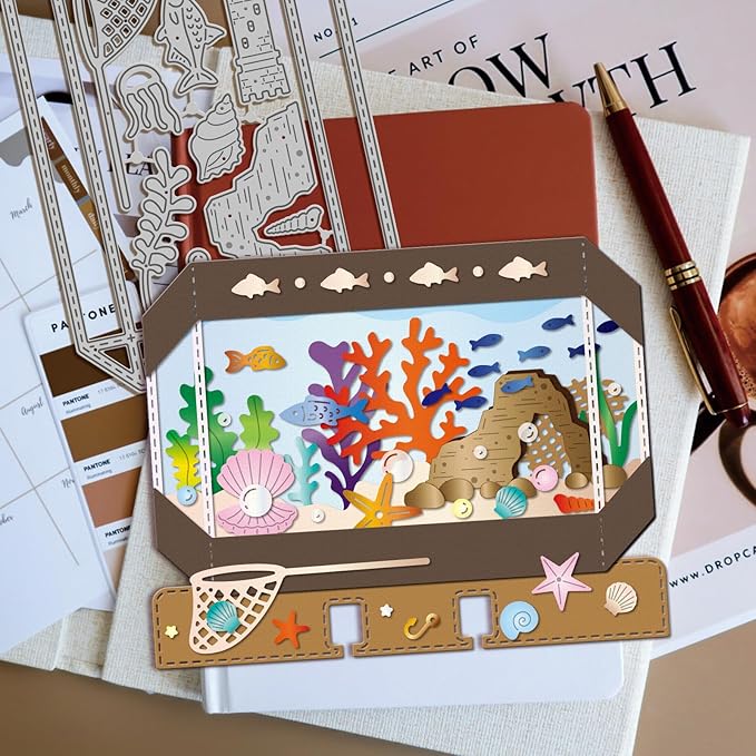 GLOBLELAND Fish Tank Shaker Cutting Dies Coral Shell Metal Die Cuts Water Plants Page Cutting Embossing Templates for Scrapbooking Crafts Paper Cards Making