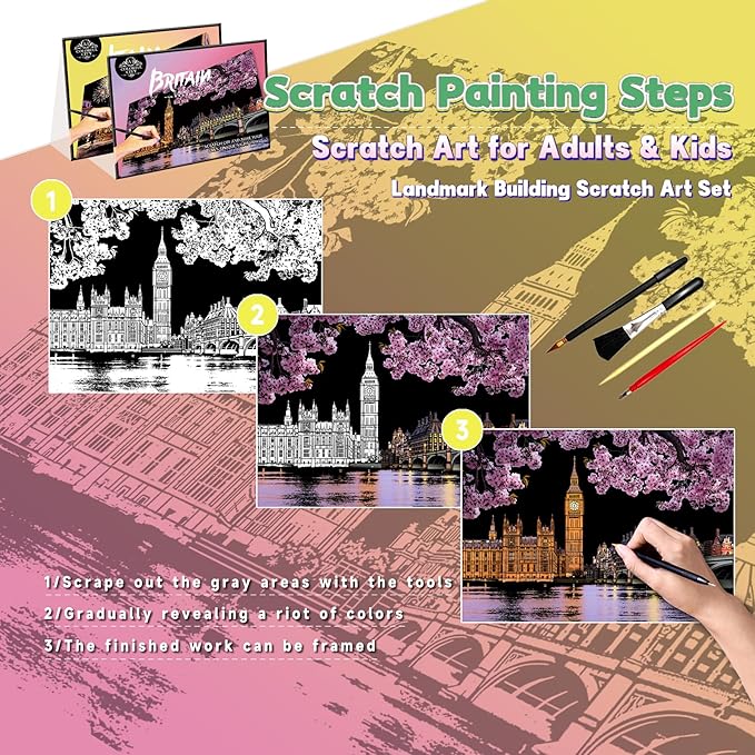 Scratch Art Painting Kit for Adults-8 Sheets A4 Rainbow Scratch Painting Paper Craft Set with City Landmarks|Stress Relief Gift for Travel&Craft Lovers|Scratch Art Home Decor(Europe Series 2)