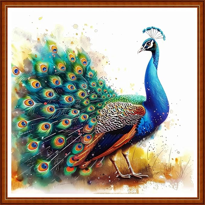 Funart Stamped Cross Stitch Kits for Beginners Full Range of Cross Stitching Preprinted Embroidery Kits for Adults, 11CT Embroidery Pattern Needlepoint Kits-Blue Peacock 18x18 inch